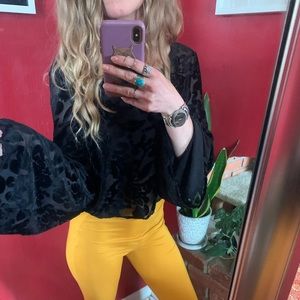 Velvet Black Sheer 70s Hippy Flowy Belled- Arm Blouse